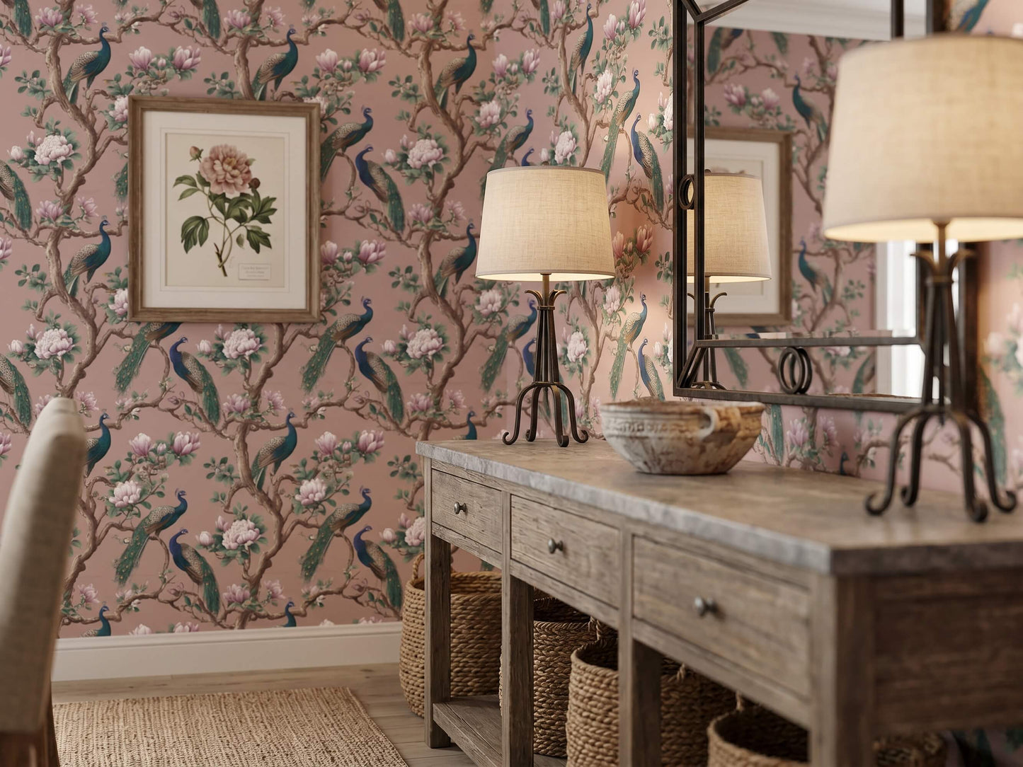 Elegant Pink Chinoiserie Wallpaper Mural with Vintage Peacocks and Spring Blossoms