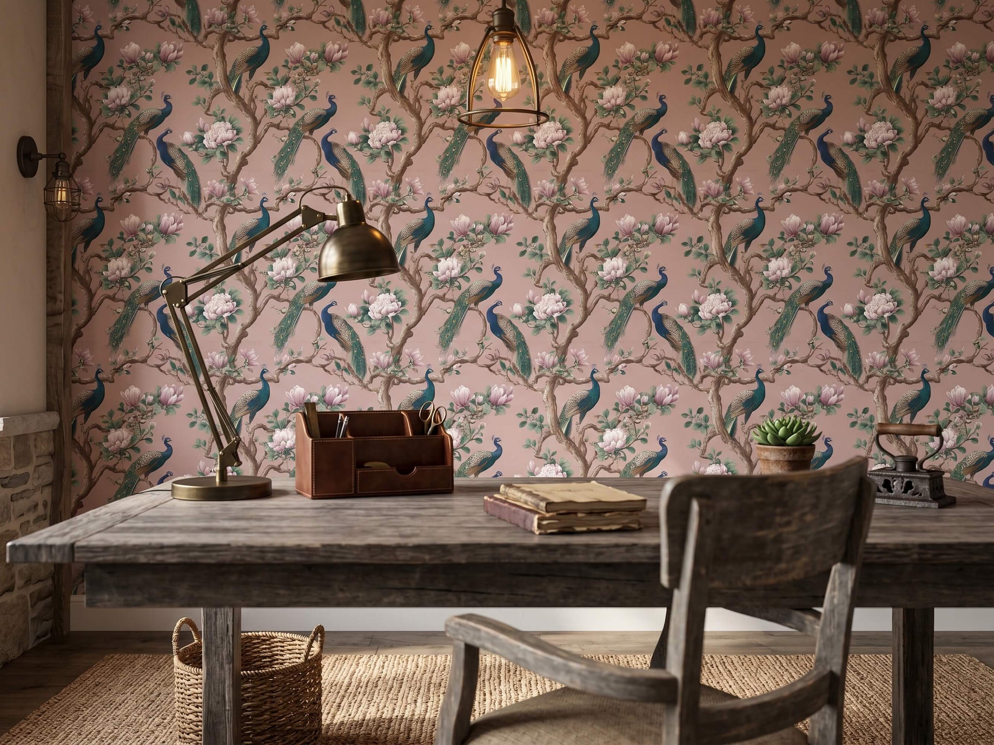 Elegant Pink Chinoiserie Wallpaper Mural with Vintage Peacocks and Spring Blossoms