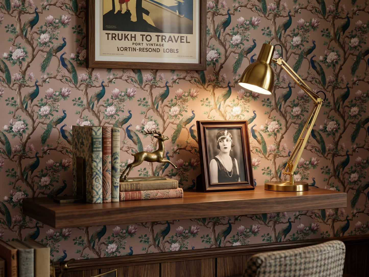 Elegant Pink Chinoiserie Wallpaper Mural with Vintage Peacocks and Spring Blossoms
