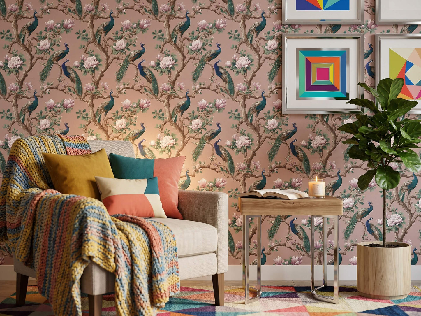 Elegant Pink Chinoiserie Wallpaper Mural with Vintage Peacocks and Spring Blossoms