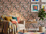 Elegant Pink Chinoiserie Wallpaper Mural with Vintage Peacocks and Spring Blossoms