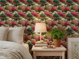 Zen Asian Inspired Living Room Wall Mural featuring Japanese Clouds and Pine Trees