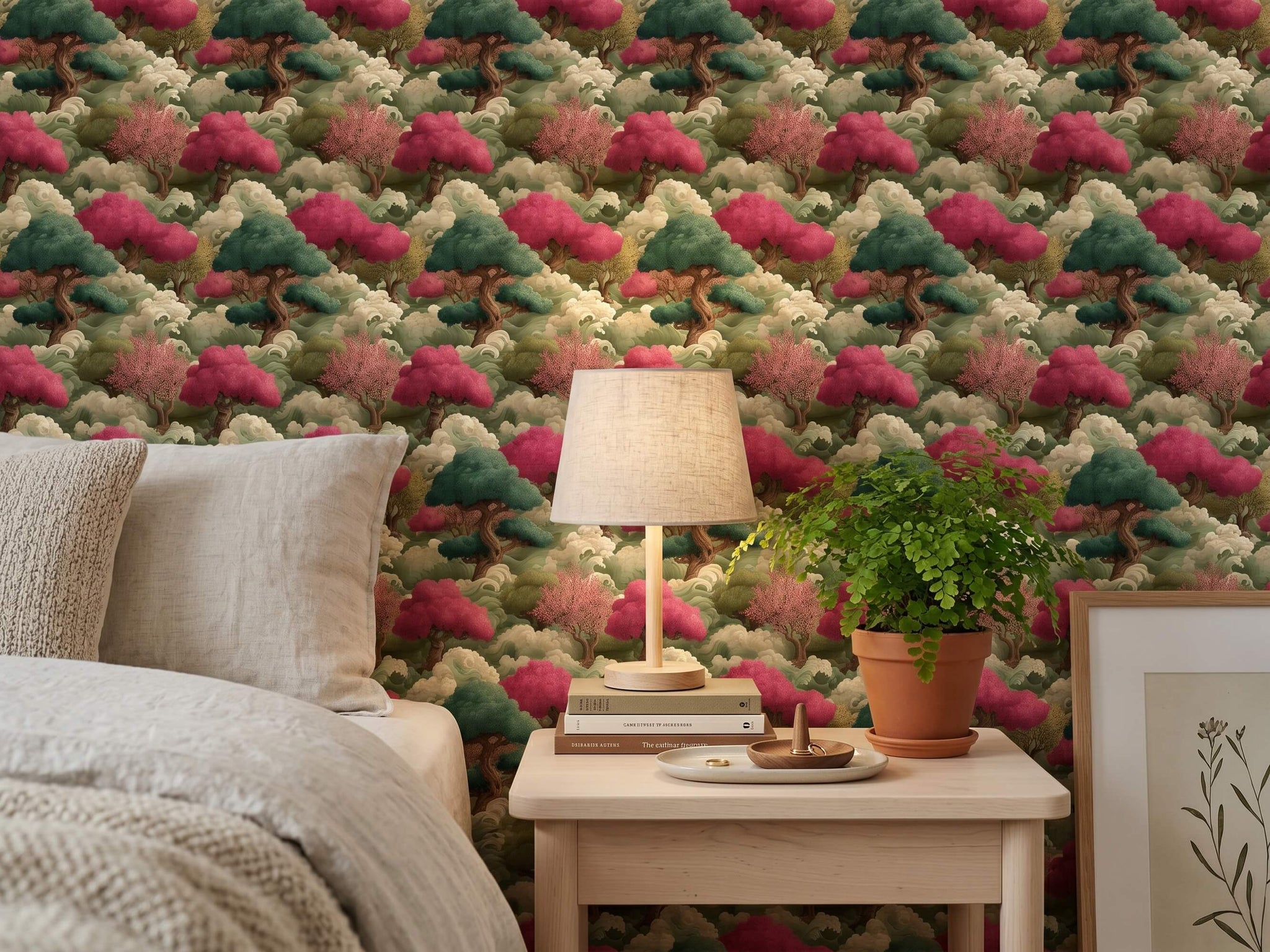 Zen Asian Inspired Living Room Wall Mural featuring Japanese Clouds and Pine Trees