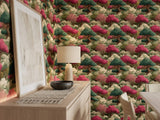 Zen Asian Inspired Living Room Wall Mural featuring Japanese Clouds and Pine Trees