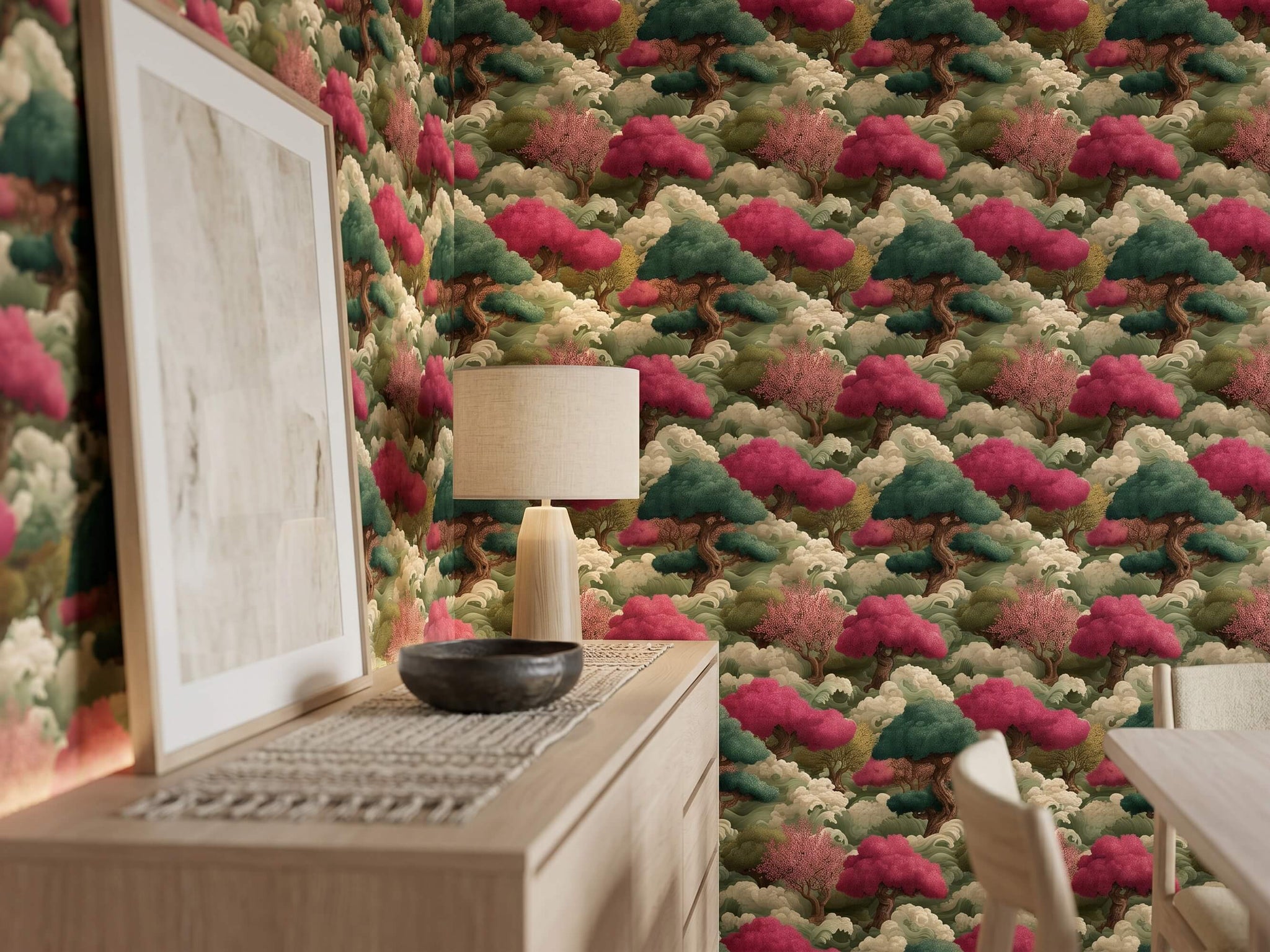Zen Asian Inspired Living Room Wall Mural featuring Japanese Clouds and Pine Trees