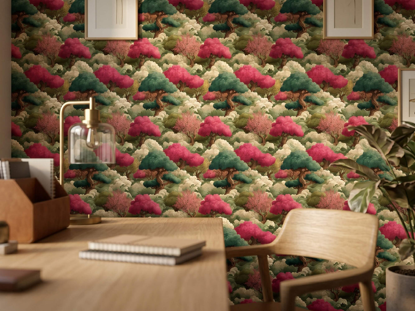 Zen Asian Inspired Living Room Wall Mural featuring Japanese Clouds and Pine Trees