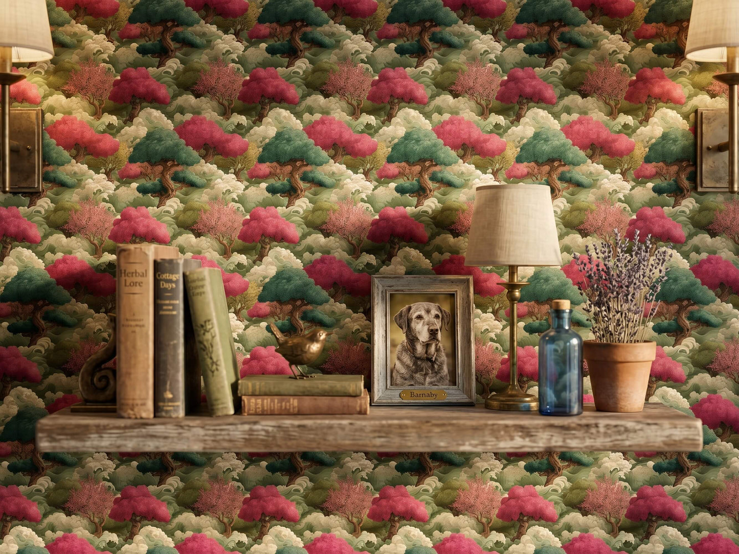 Zen Asian Inspired Living Room Wall Mural featuring Japanese Clouds and Pine Trees