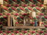 Zen Asian Inspired Living Room Wall Mural featuring Japanese Clouds and Pine Trees