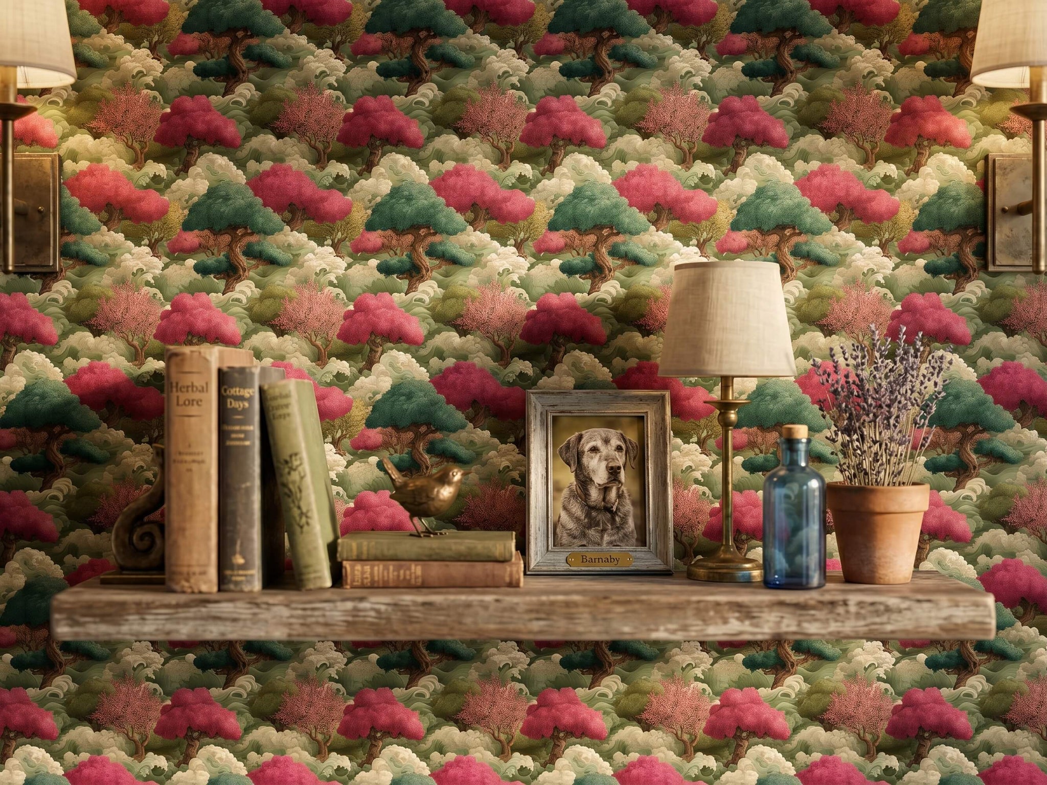 Zen Asian Inspired Living Room Wall Mural featuring Japanese Clouds and Pine Trees
