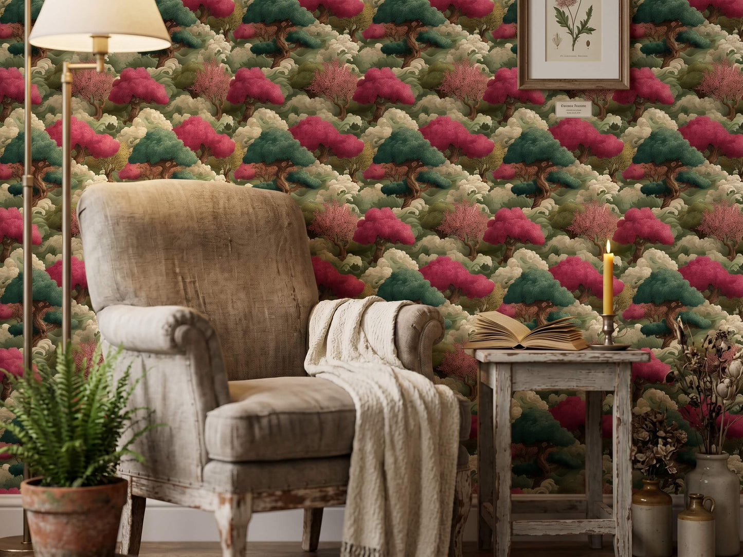 Zen Asian Inspired Living Room Wall Mural featuring Japanese Clouds and Pine Trees