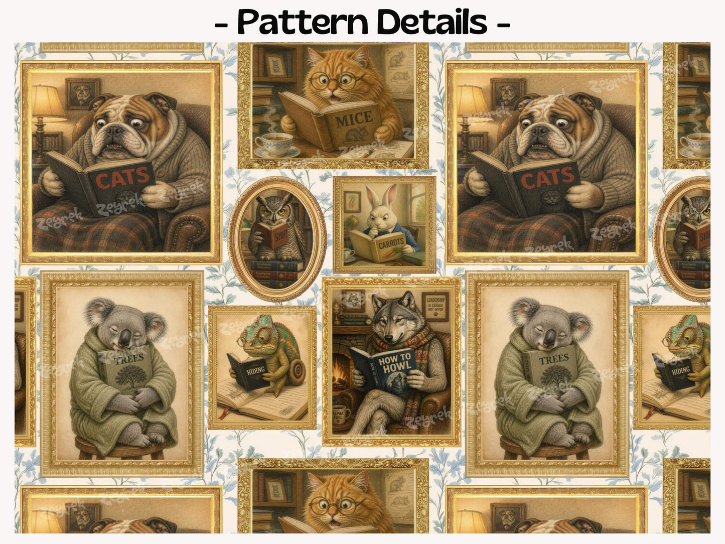 Whimsical Animals Reading Books Wallpaper: Cats, Dogs, Koalas, Owls (Peel & Stick/Traditional)
