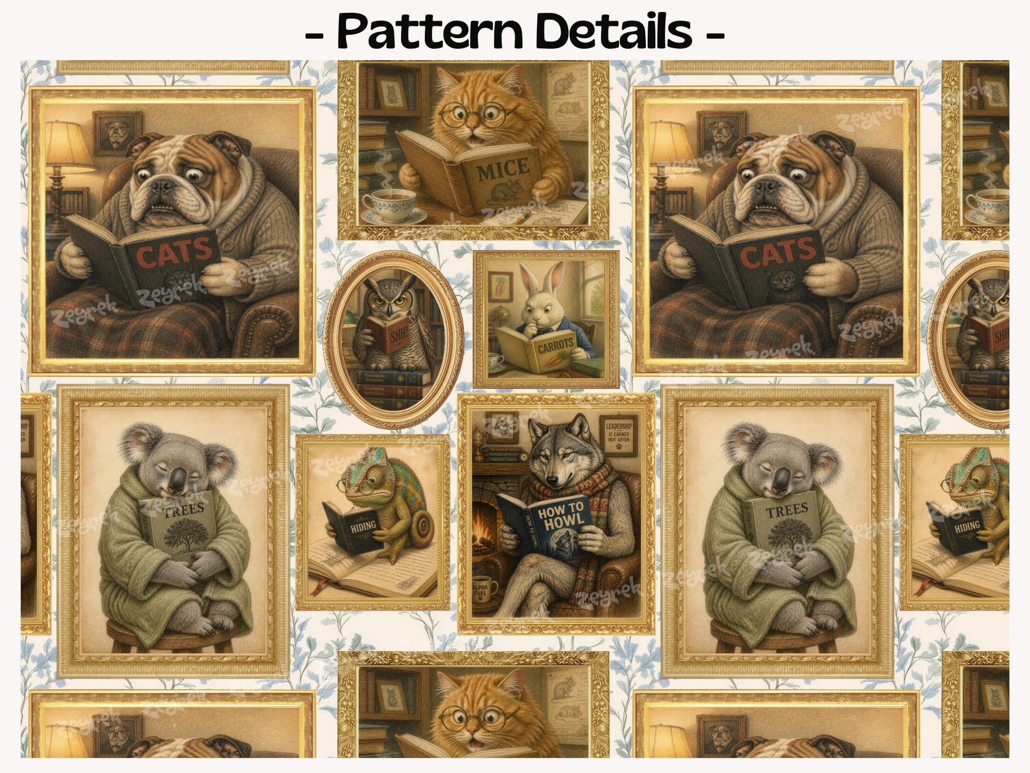 Whimsical Animals Reading Books Wallpaper: Cats, Dogs, Koalas, Owls (Peel & Stick/Traditional)