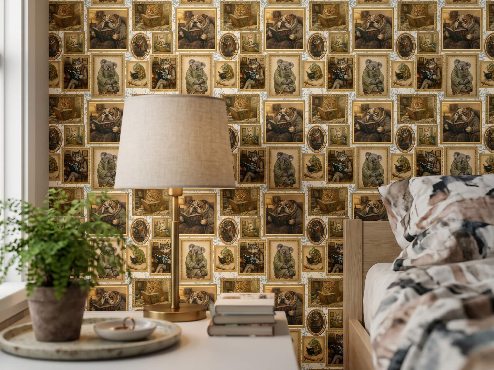 Whimsical Animals Reading Books Wallpaper: Cats, Dogs, Koalas, Owls (Peel & Stick/Traditional)