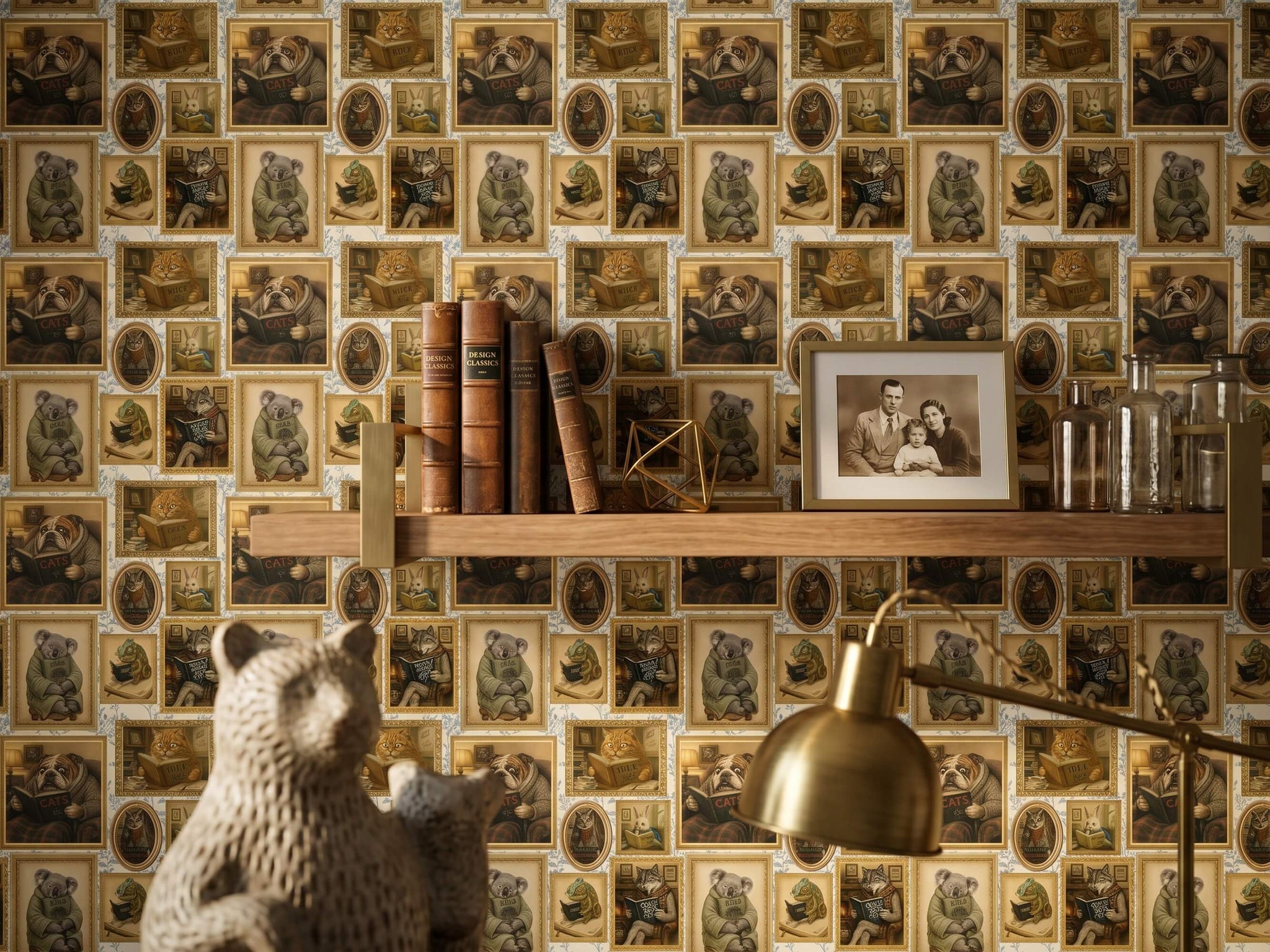 Whimsical Animals Reading Books Wallpaper: Cats, Dogs, Koalas, Owls (Peel & Stick/Traditional)