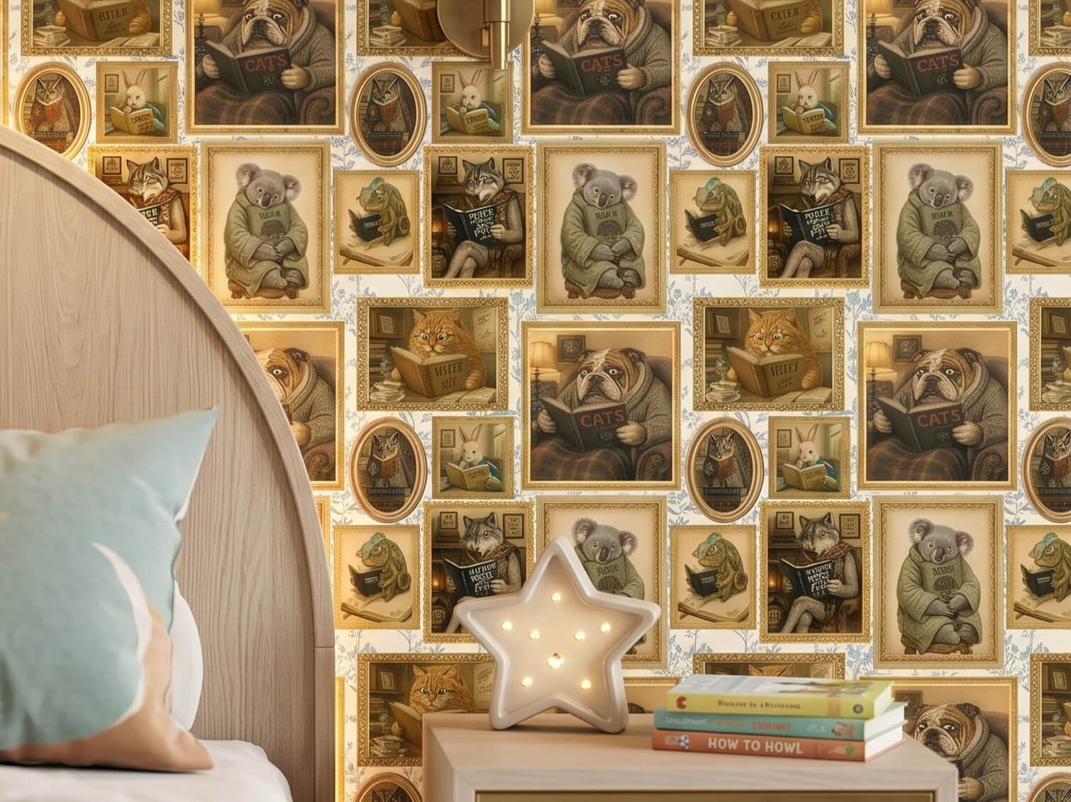 Whimsical Animals Reading Books Wallpaper: Cats, Dogs, Koalas, Owls (Peel & Stick/Traditional)