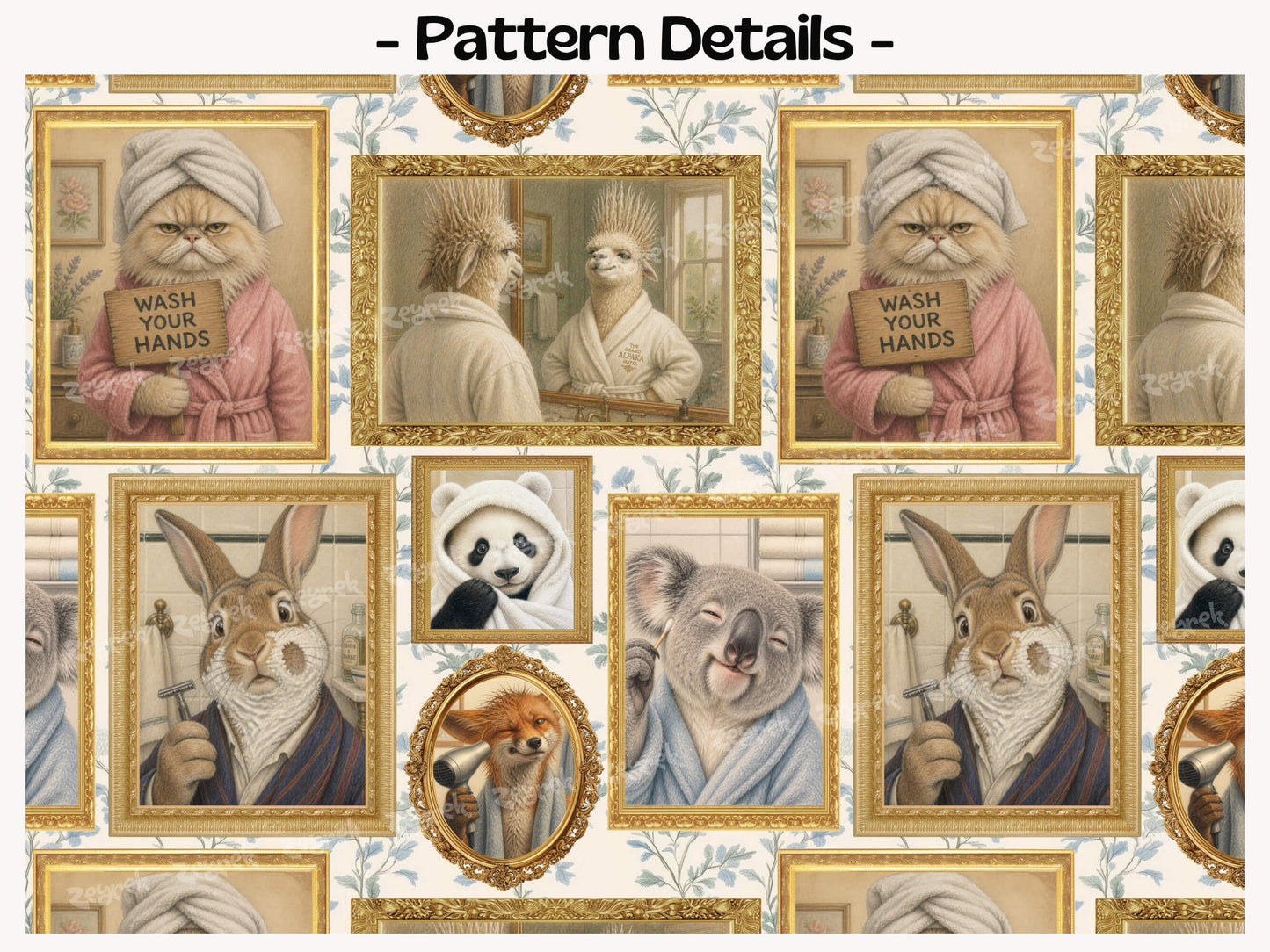 Funny Grooming Animals Peel and Stick Wallpaper Quirky Guest Bathroom Wall Mural