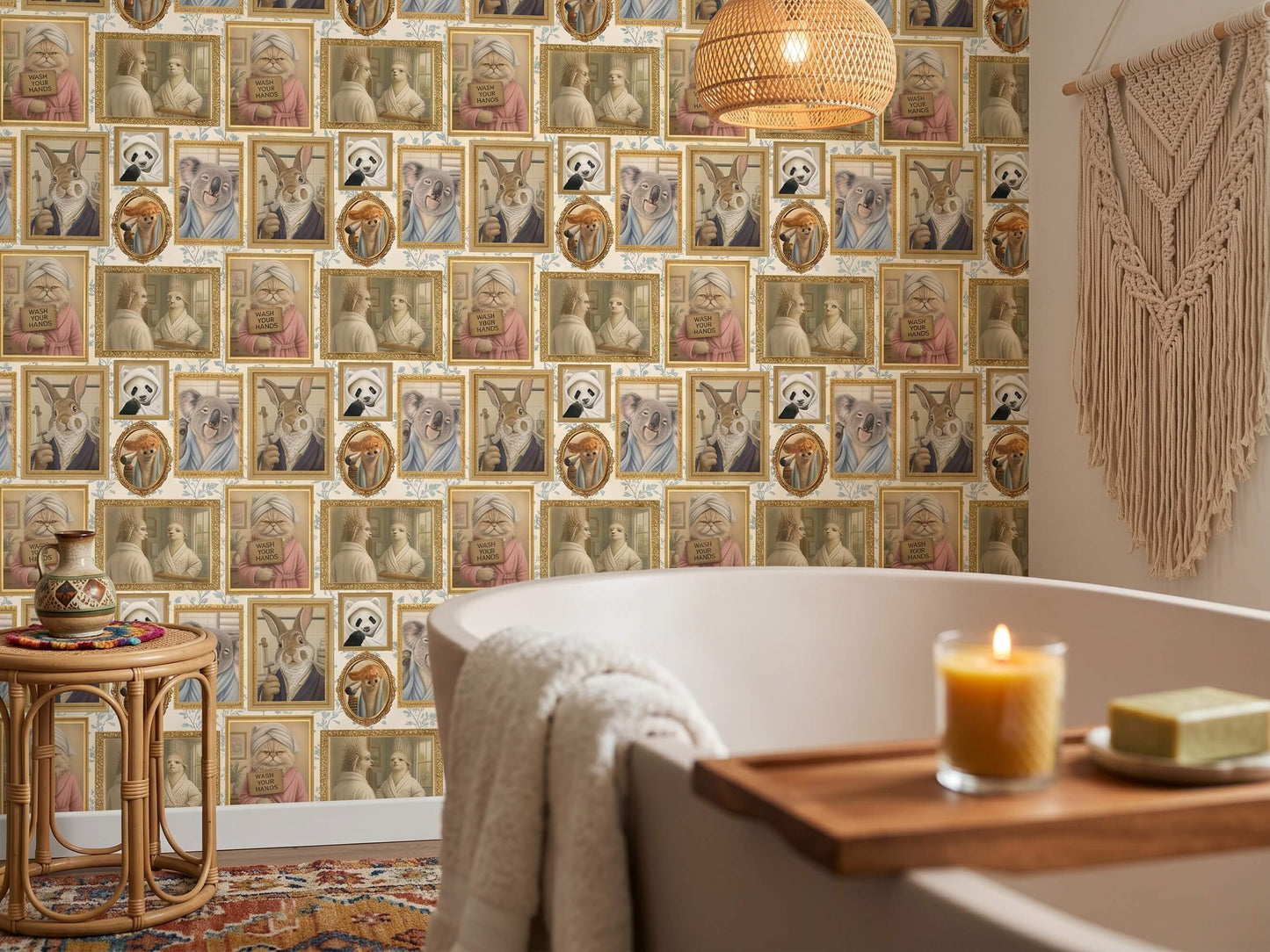Funny Grooming Animals Peel and Stick Wallpaper Quirky Guest Bathroom Wall Mural
