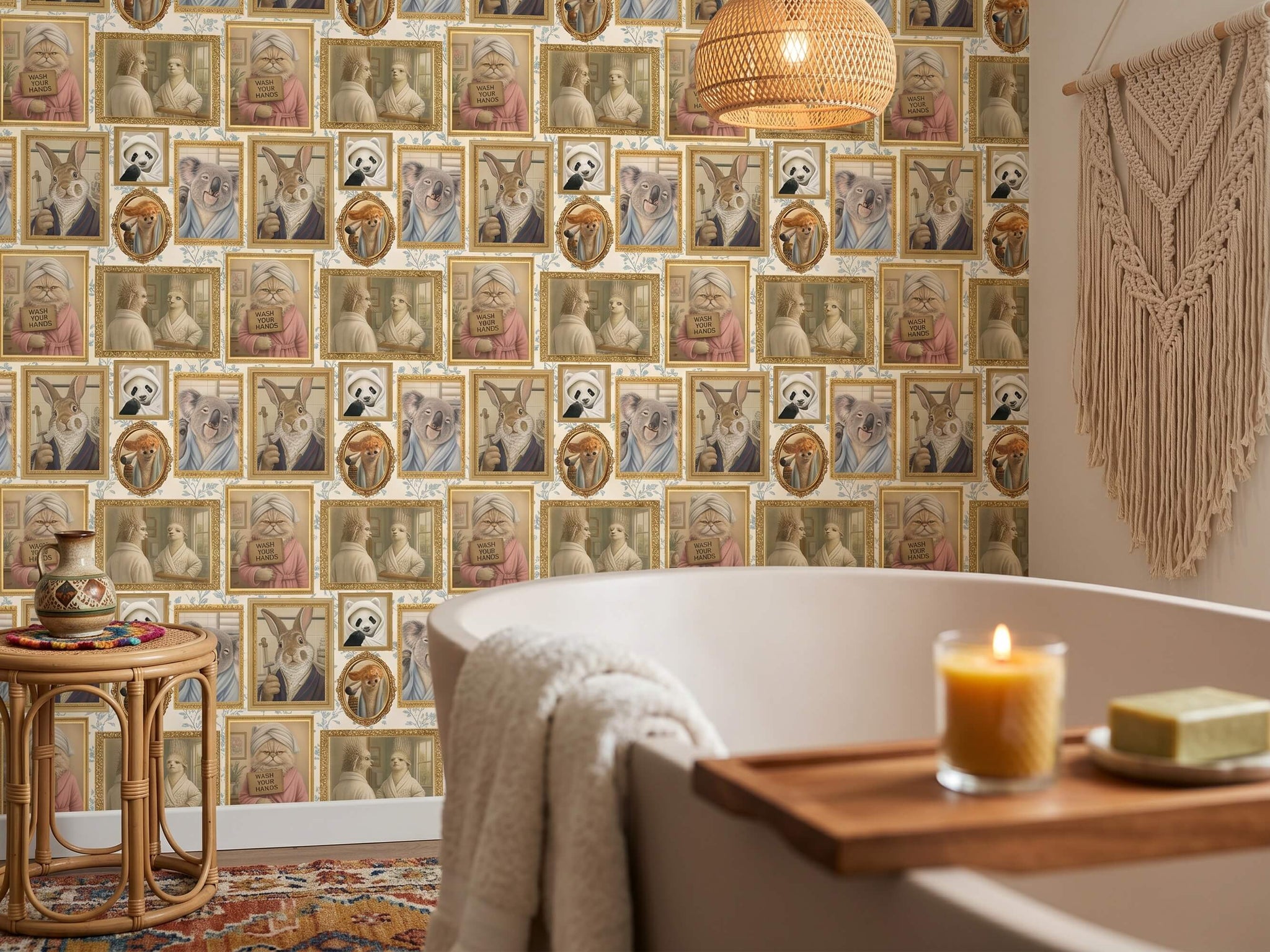 Funny Grooming Animals Peel and Stick Wallpaper Quirky Guest Bathroom Wall Mural
