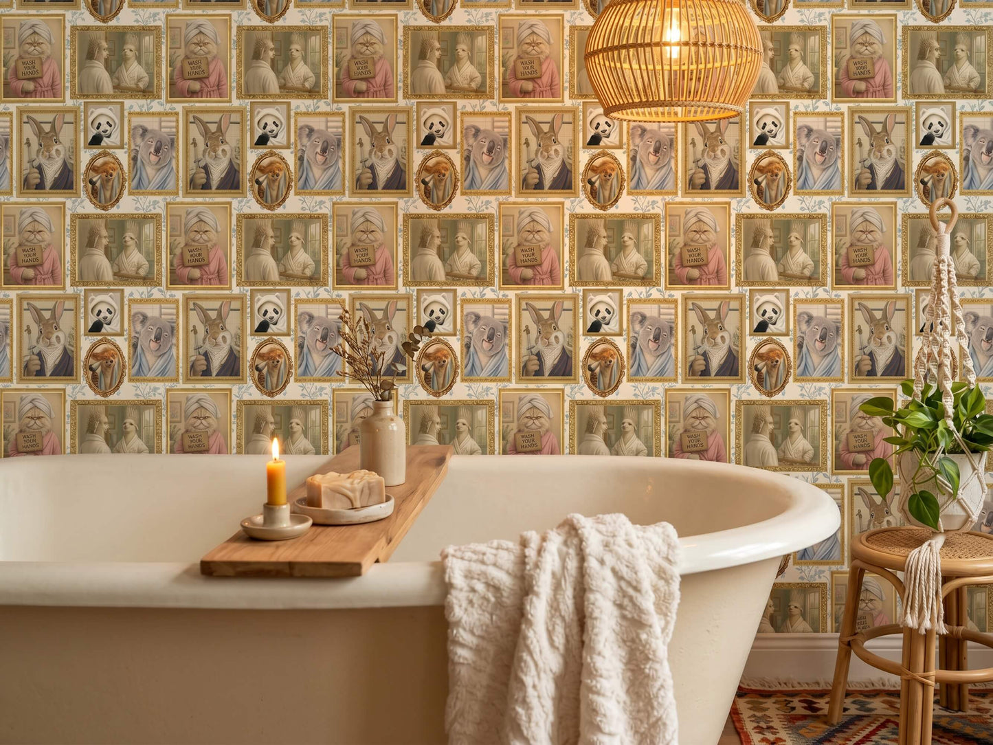 Funny Grooming Animals Peel and Stick Wallpaper Quirky Guest Bathroom Wall Mural