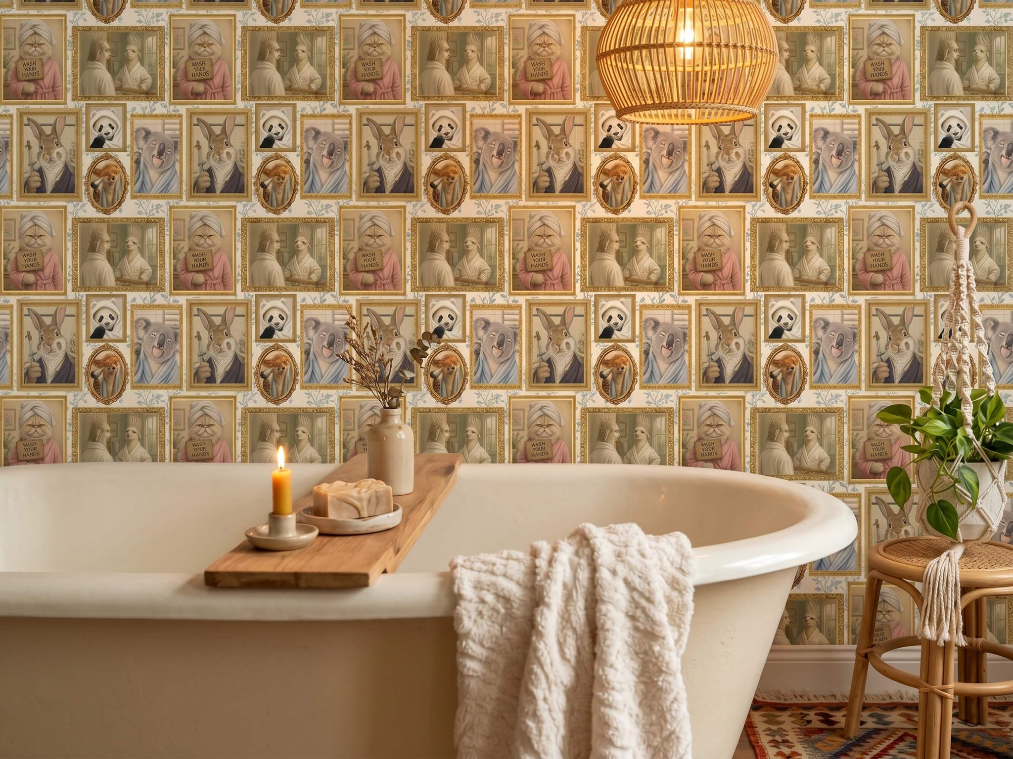 Funny Grooming Animals Peel and Stick Wallpaper Quirky Guest Bathroom Wall Mural