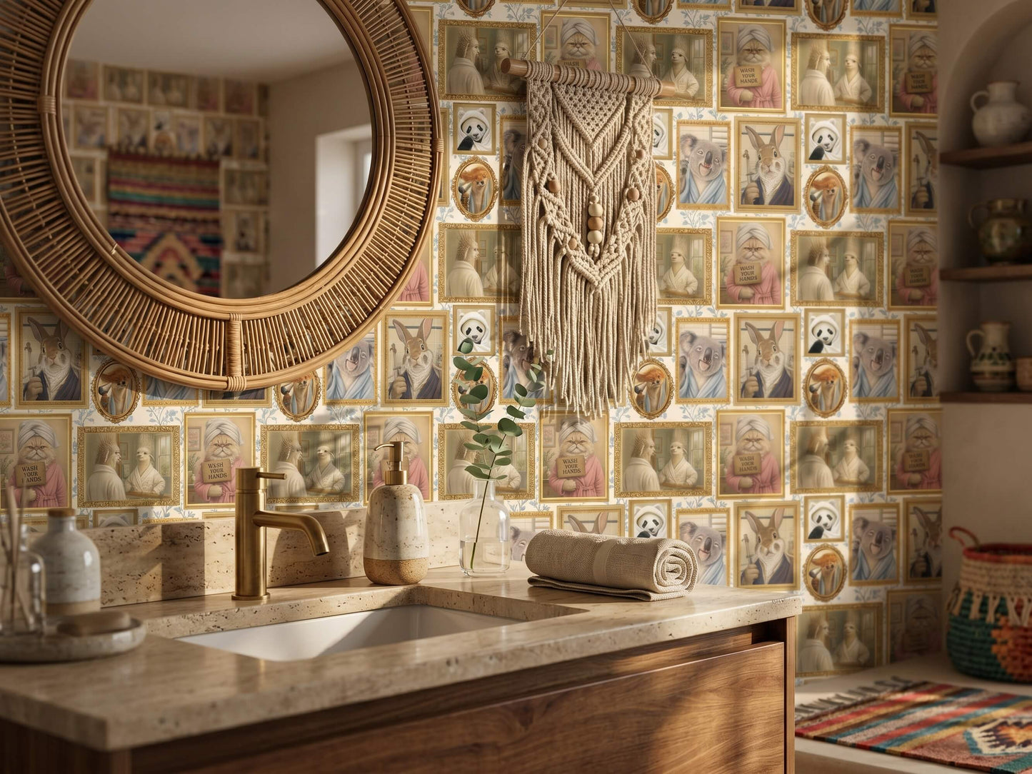 Funny Grooming Animals Peel and Stick Wallpaper Quirky Guest Bathroom Wall Mural