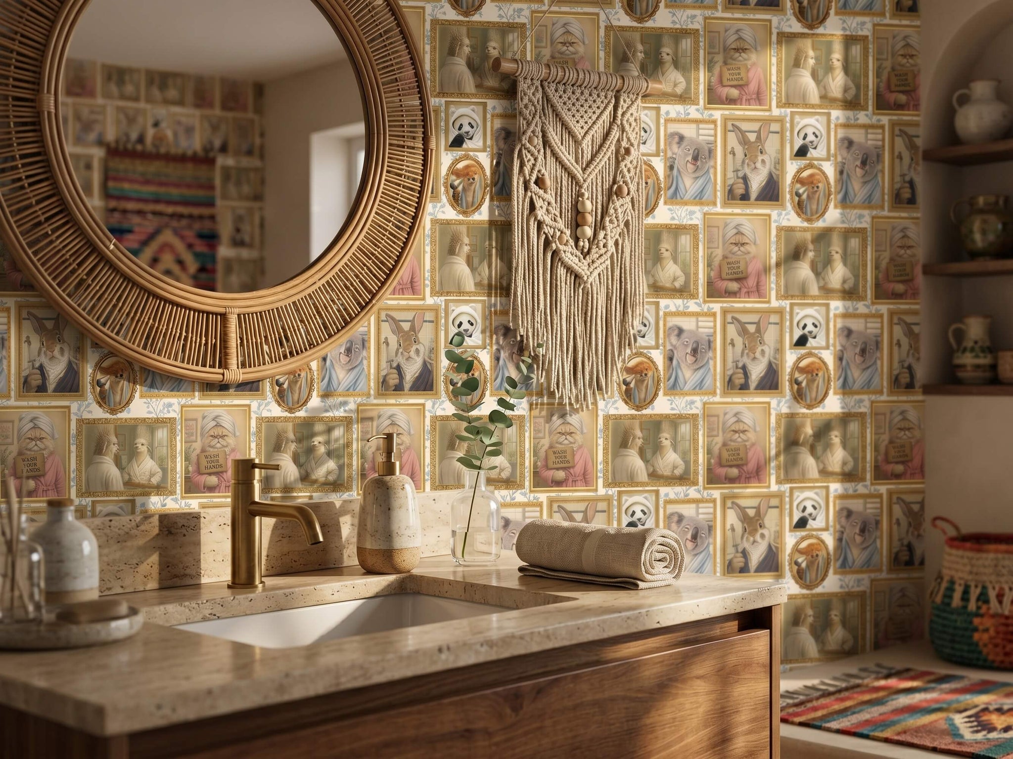 Funny Grooming Animals Peel and Stick Wallpaper Quirky Guest Bathroom Wall Mural