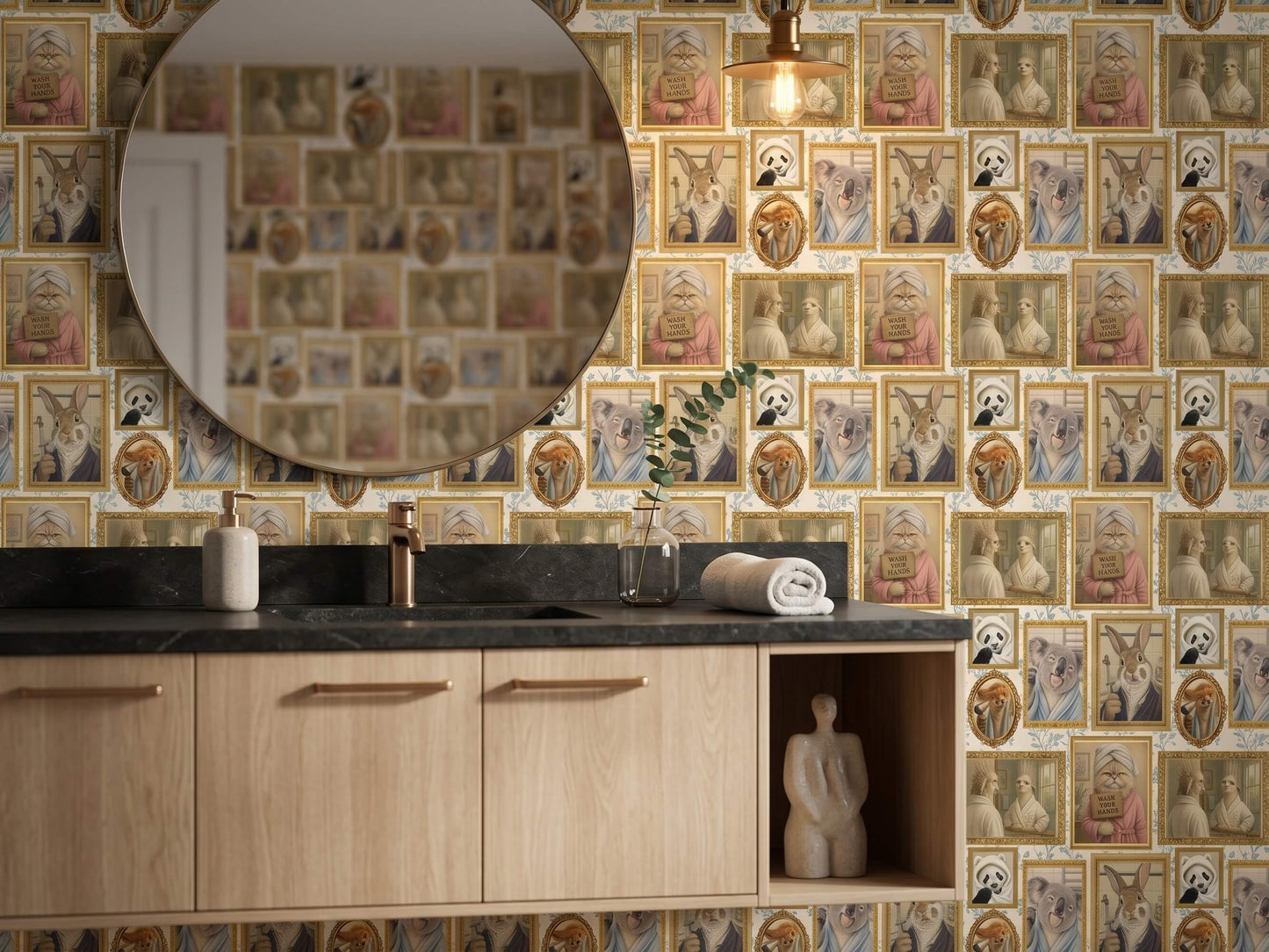 Funny Grooming Animals Peel and Stick Wallpaper Quirky Guest Bathroom Wall Mural