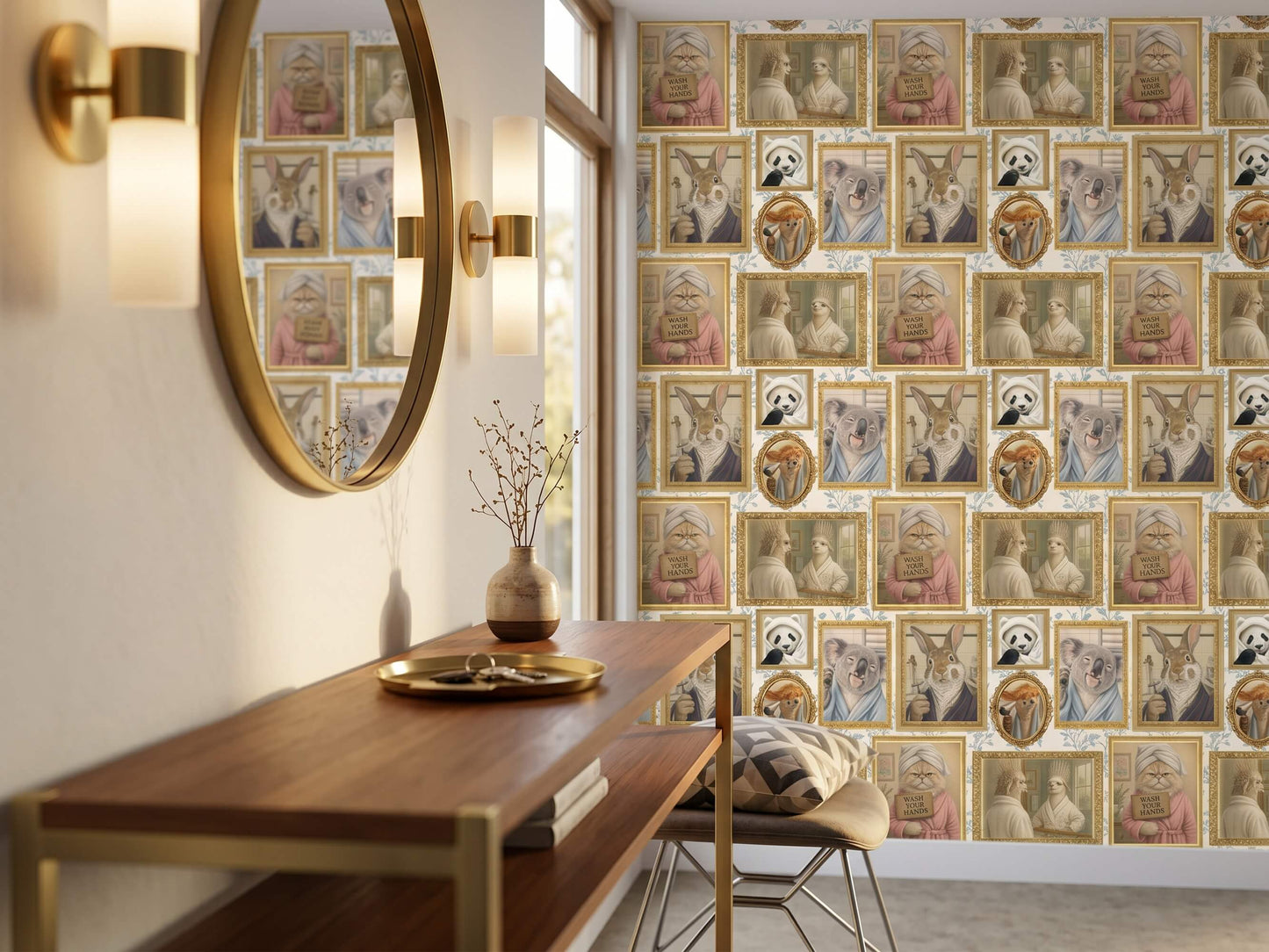 Funny Grooming Animals Peel and Stick Wallpaper Quirky Guest Bathroom Wall Mural