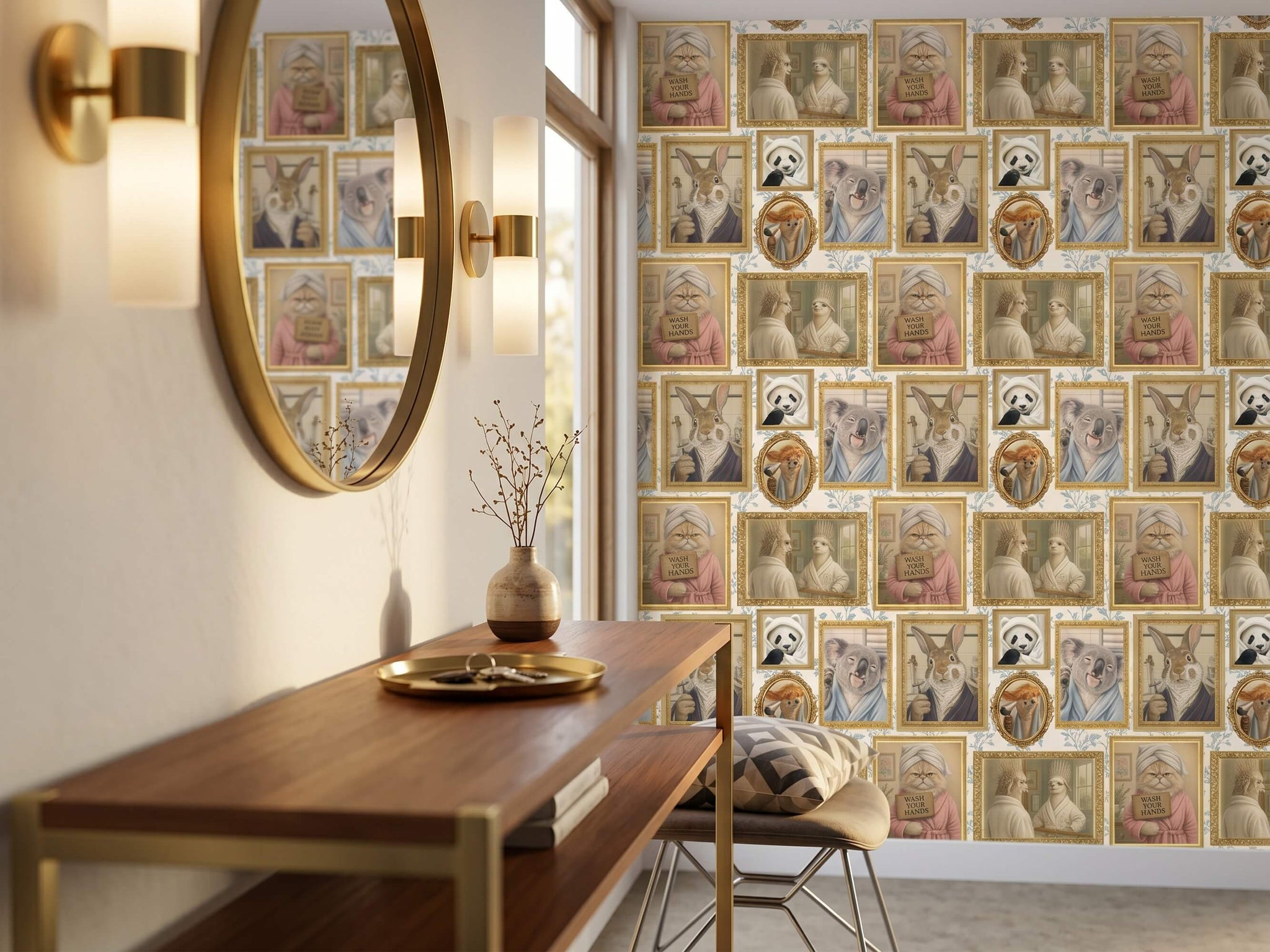 Funny Grooming Animals Peel and Stick Wallpaper Quirky Guest Bathroom Wall Mural