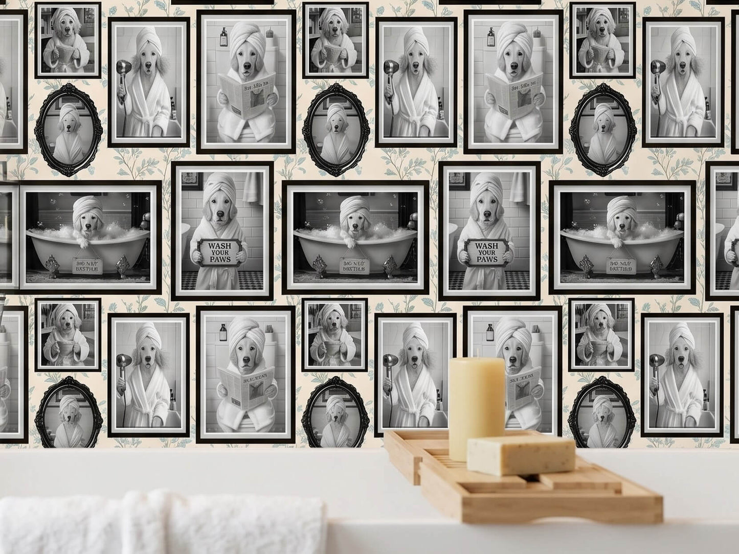 Custom Funny Dog Portrait Peel Stick Wallpaper for Quirky Guest Bathroom Mural
