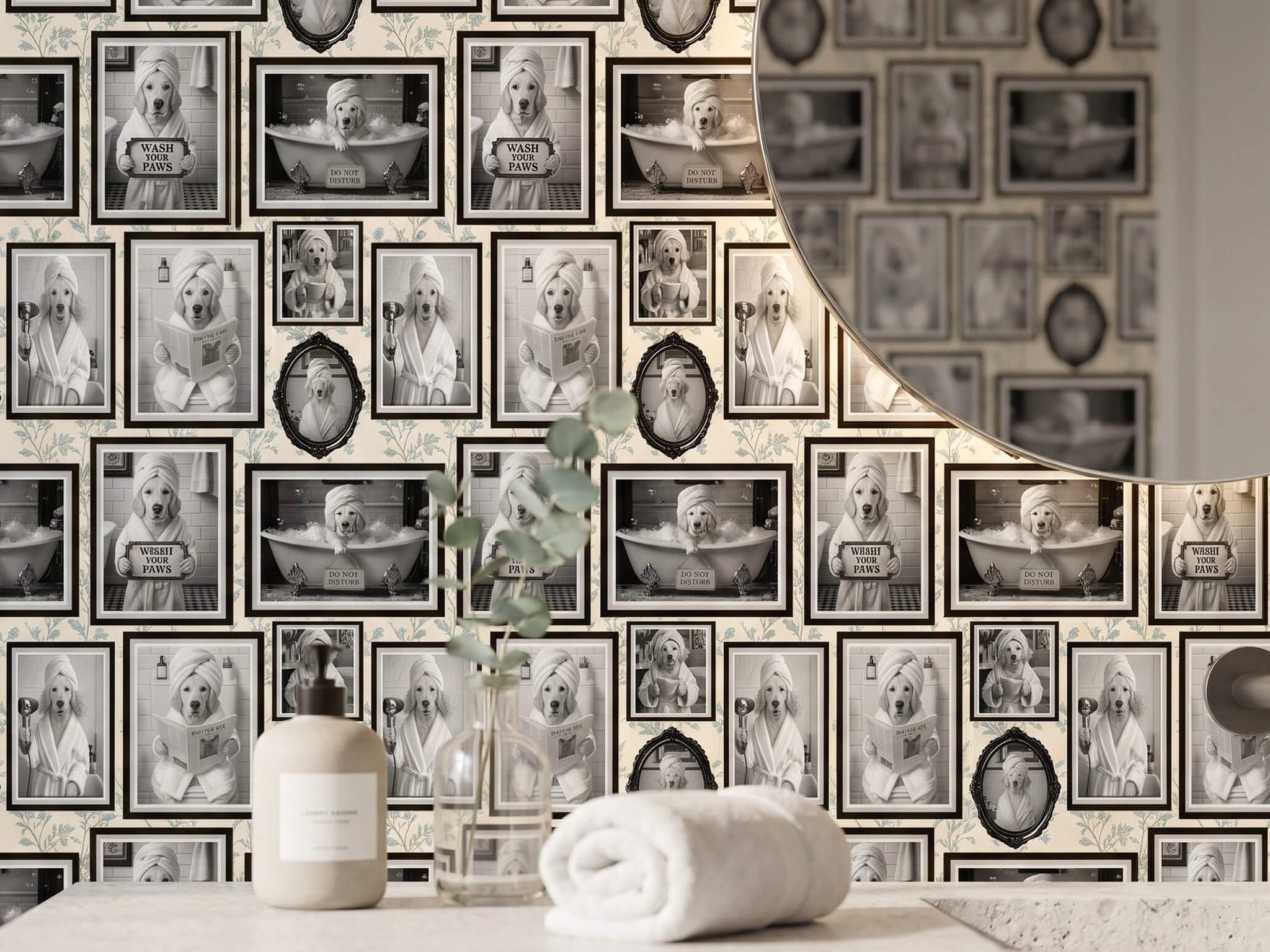 Custom Funny Dog Portrait Peel Stick Wallpaper for Quirky Guest Bathroom Mural