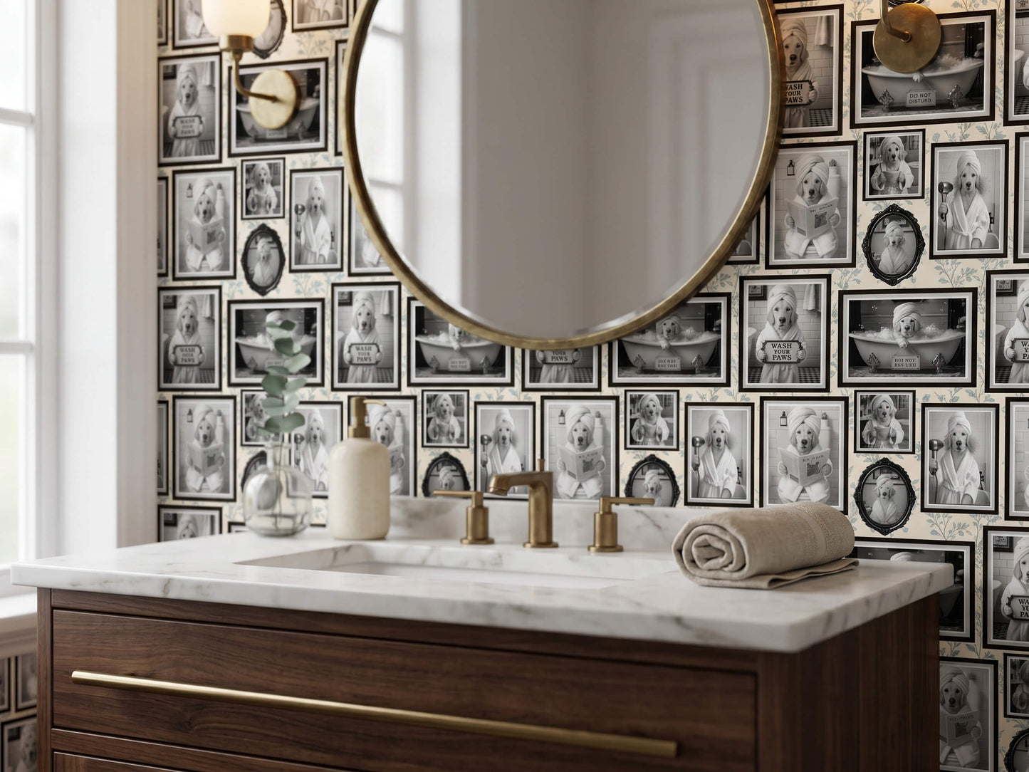 Custom Funny Dog Portrait Peel Stick Wallpaper for Quirky Guest Bathroom Mural