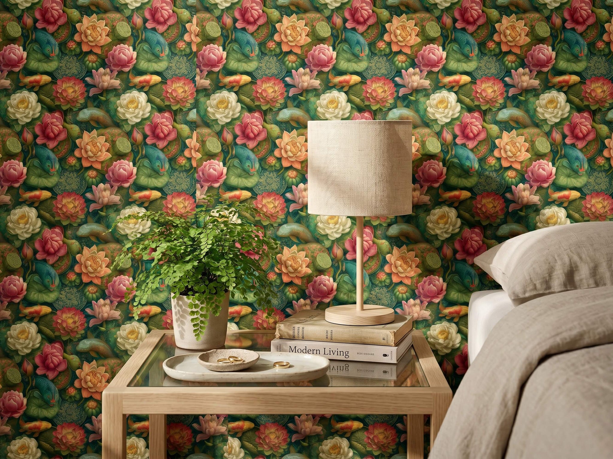 Koi Fish Lotus Wallpaper Mural: Chinoiserie Botanical Peel and Stick Wallpaper