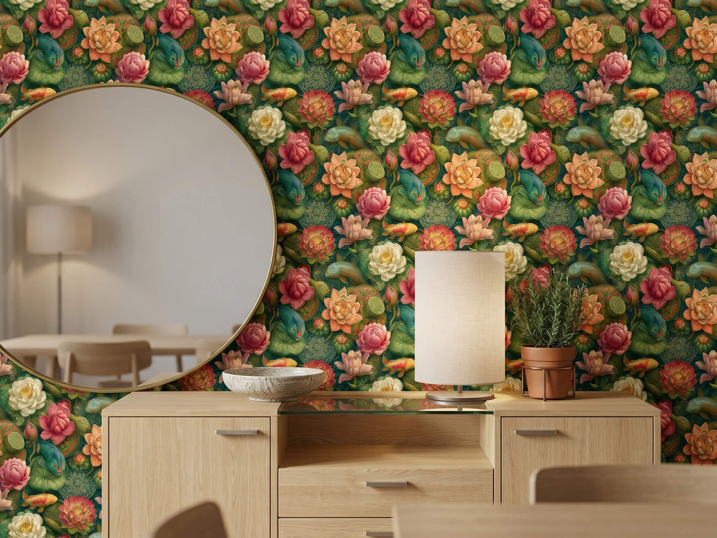 Koi Fish Lotus Wallpaper Mural: Chinoiserie Botanical Peel and Stick Wallpaper