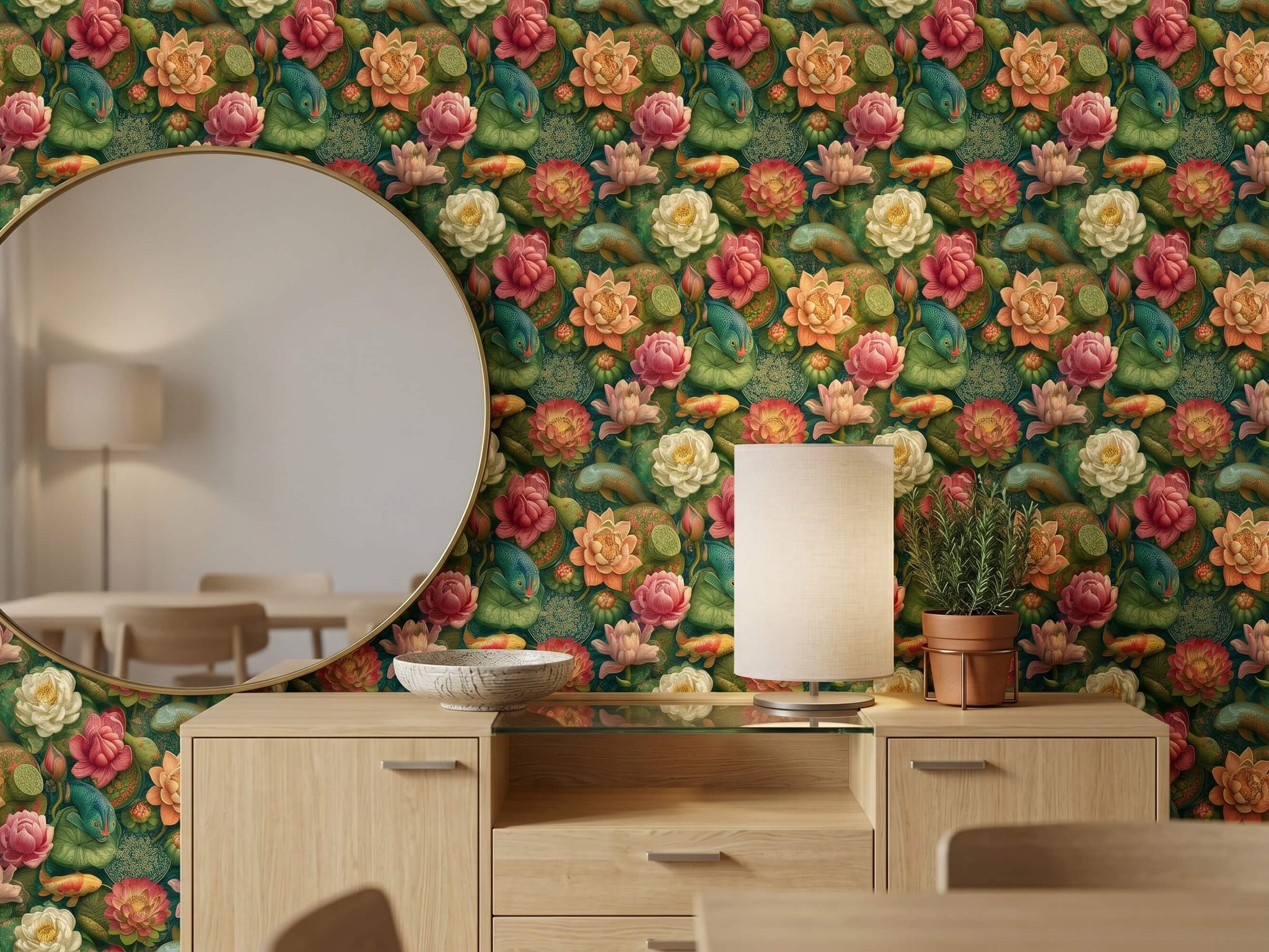 Koi Fish Lotus Wallpaper Mural: Chinoiserie Botanical Peel and Stick Wallpaper