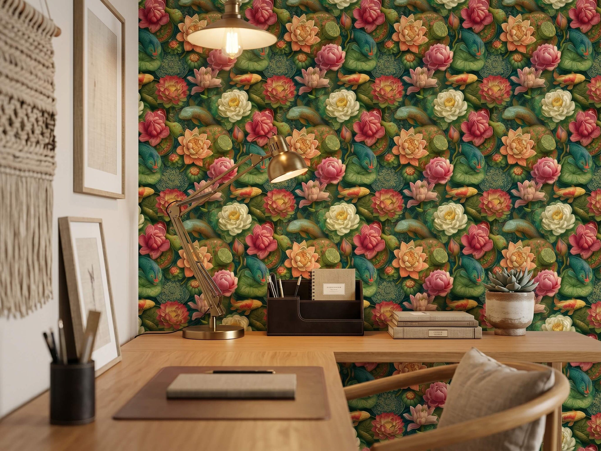 Koi Fish Lotus Wallpaper Mural: Chinoiserie Botanical Peel and Stick Wallpaper