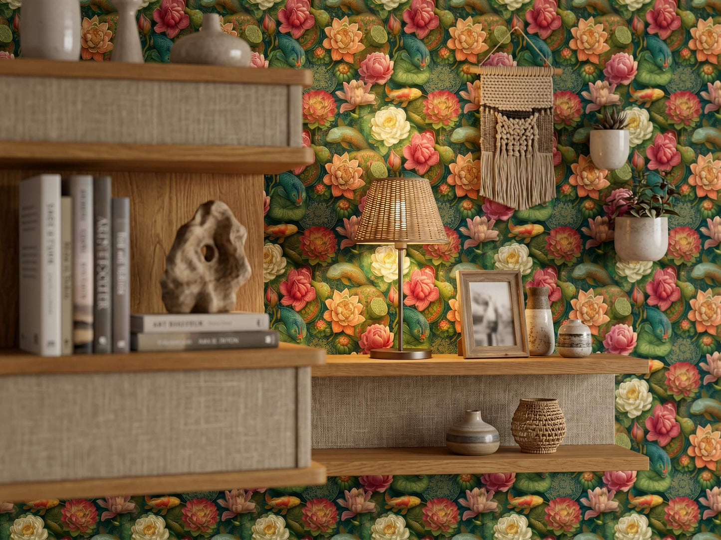 Koi Fish Lotus Wallpaper Mural: Chinoiserie Botanical Peel and Stick Wallpaper