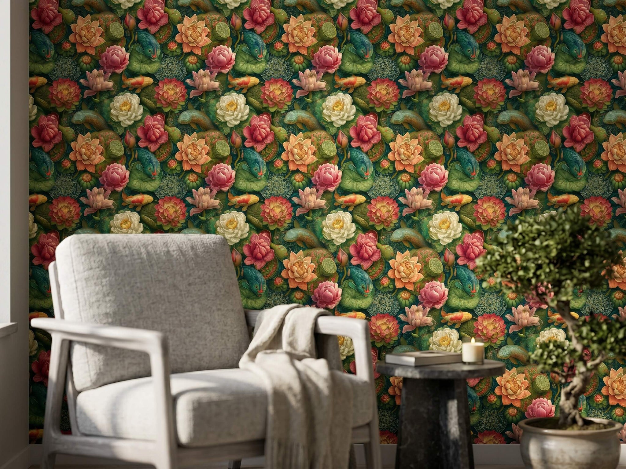 Koi Fish Lotus Wallpaper Mural: Chinoiserie Botanical Peel and Stick Wallpaper