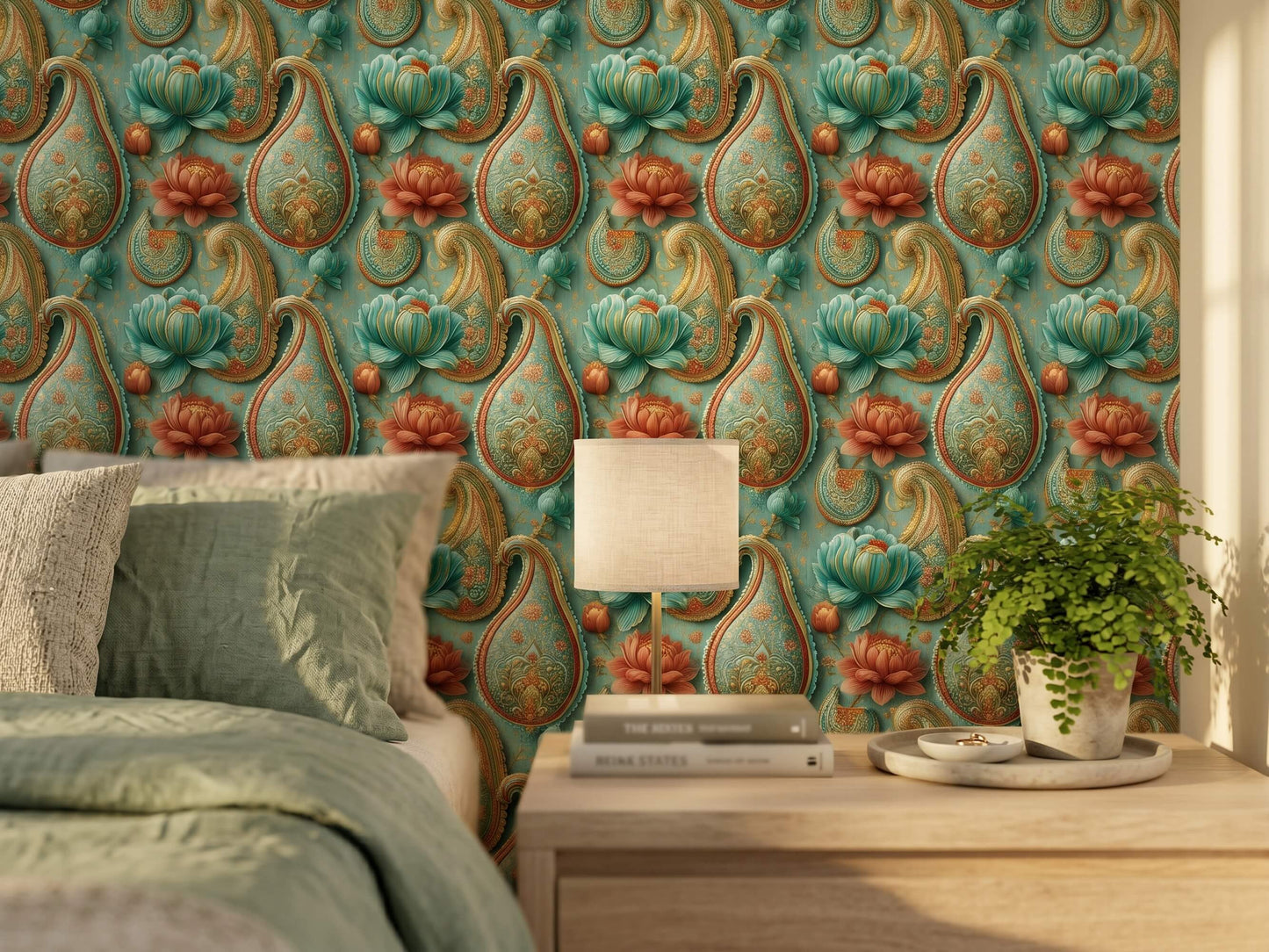 Teal Gold Paisley Wallpaper Mural: Indian Floral Peel and Stick Wallpaper