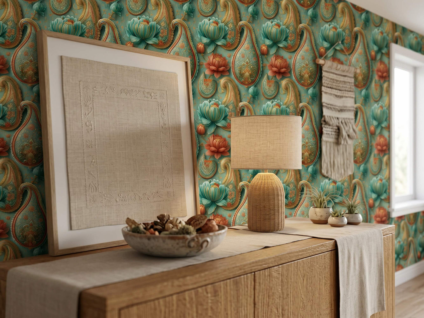 Teal Gold Paisley Wallpaper Mural: Indian Floral Peel and Stick Wallpaper