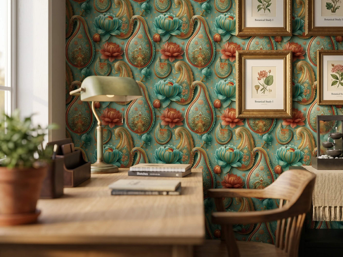 Teal Gold Paisley Wallpaper Mural: Indian Floral Peel and Stick Wallpaper