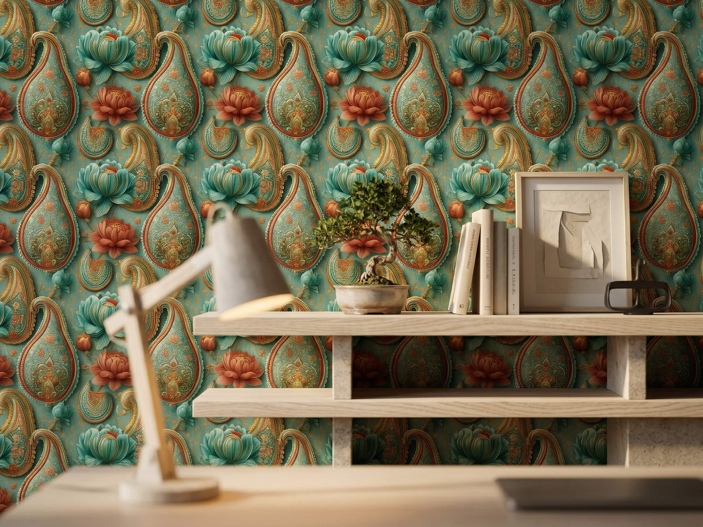 Teal Gold Paisley Wallpaper Mural: Indian Floral Peel and Stick Wallpaper