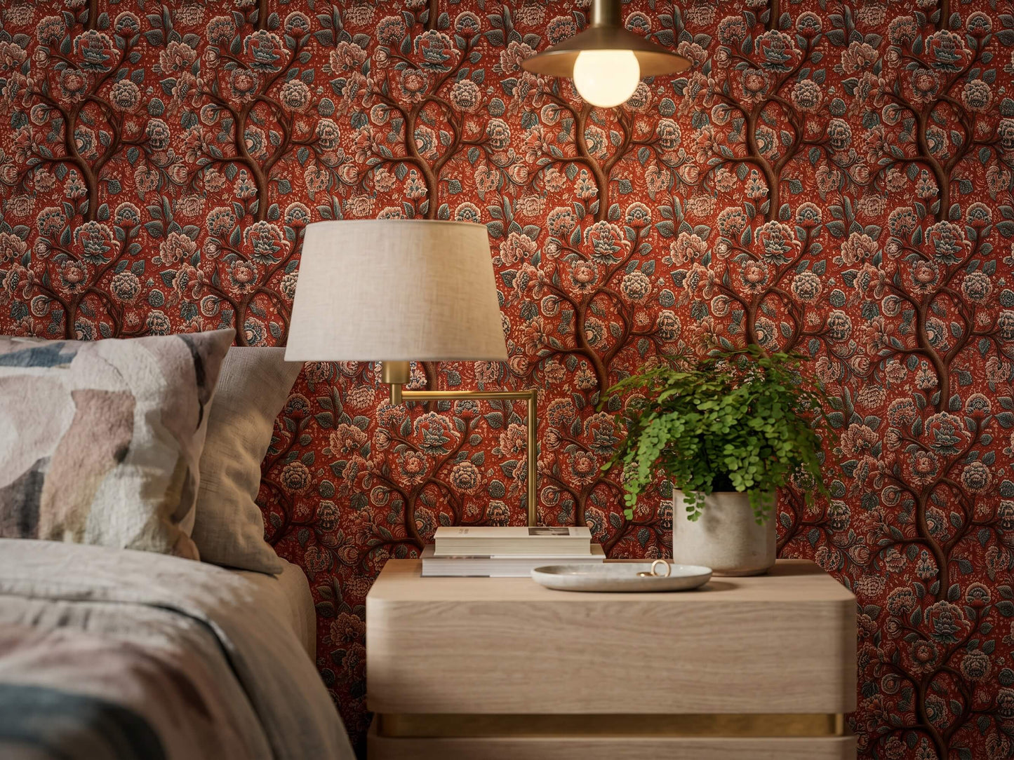 Red Floral Tree Wallpaper Mural: Indian Peony Botanical Peel and Stick Wallpaper