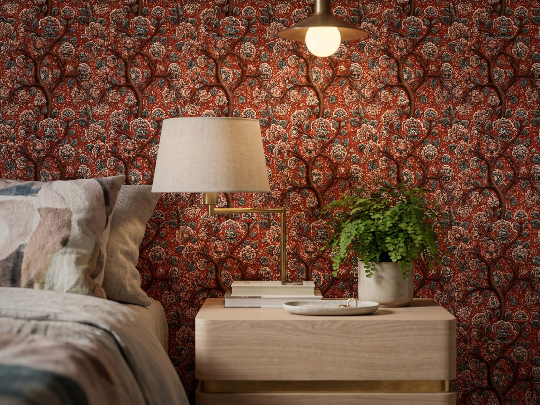 Red Floral Tree Wallpaper Mural: Indian Peony Botanical Peel and Stick Wallpaper