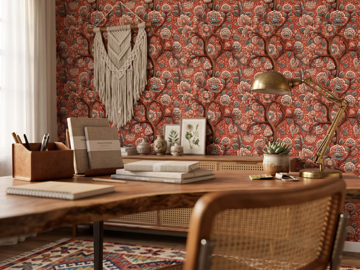 Red Floral Tree Wallpaper Mural: Indian Peony Botanical Peel and Stick Wallpaper